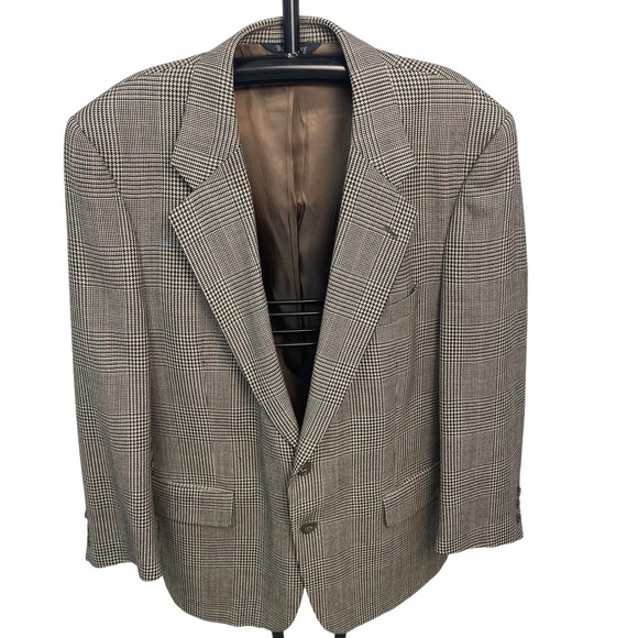 Mens Vintage Burberrys Houndstooth Plaid Brown Suit Jacket 44 L/XL - Picture 1 of 11